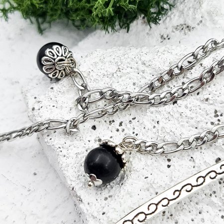 Металлическая закладка для книг с подвеской "3 бусины" , шунгит