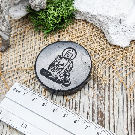 Плитка круглая полированная c гравировкой Будда 5 см, шунгит
