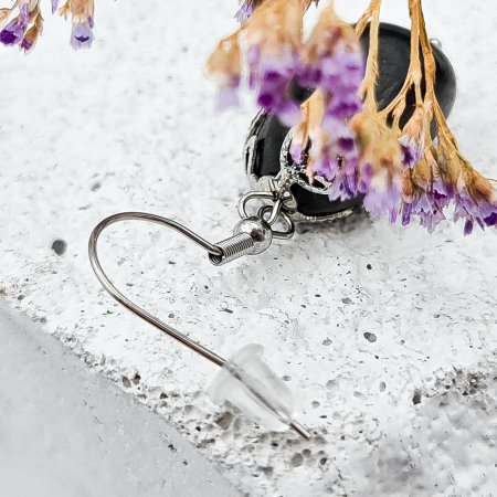 Серьги с галтовкой "Листики", шунгит