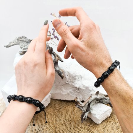 Браслет Шунгит Шамбала 3-е Плетение 8 мм (17 размер)