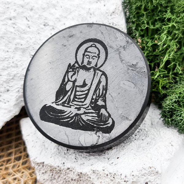 Плитки круглые полированные c гравировкой Будда, шунгит